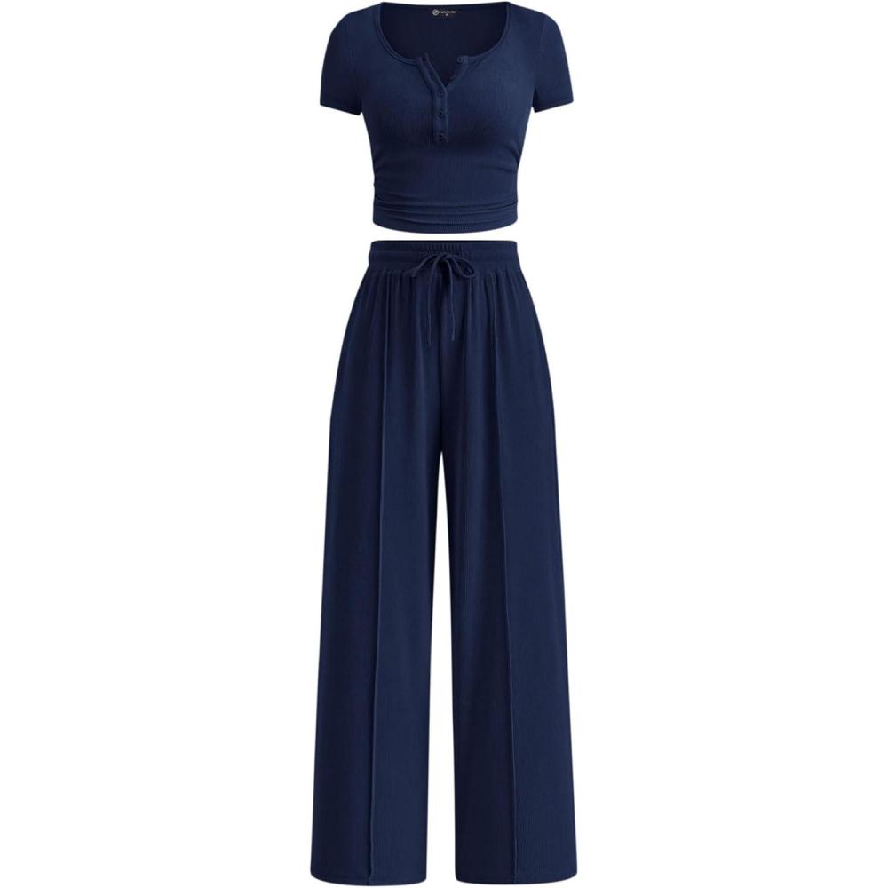 imagePRETTYGARDEN Womens 2 Piece Outfits Summer 2026 Ribbed Knit Button Short Sleeve Tops Casual Wide Leg Pants Lounge SetsNavy