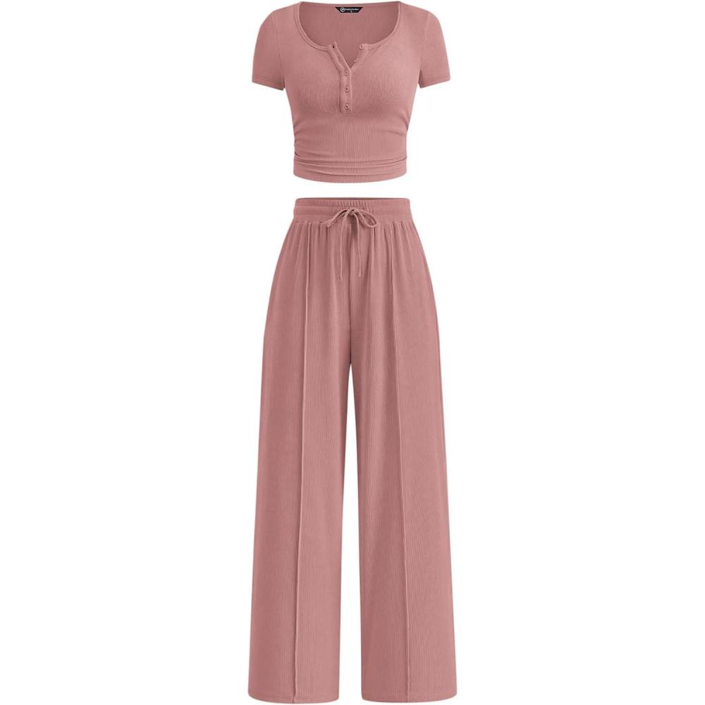 imagePRETTYGARDEN Womens 2 Piece Outfits Summer 2026 Ribbed Knit Button Short Sleeve Tops Casual Wide Leg Pants Lounge SetsPink