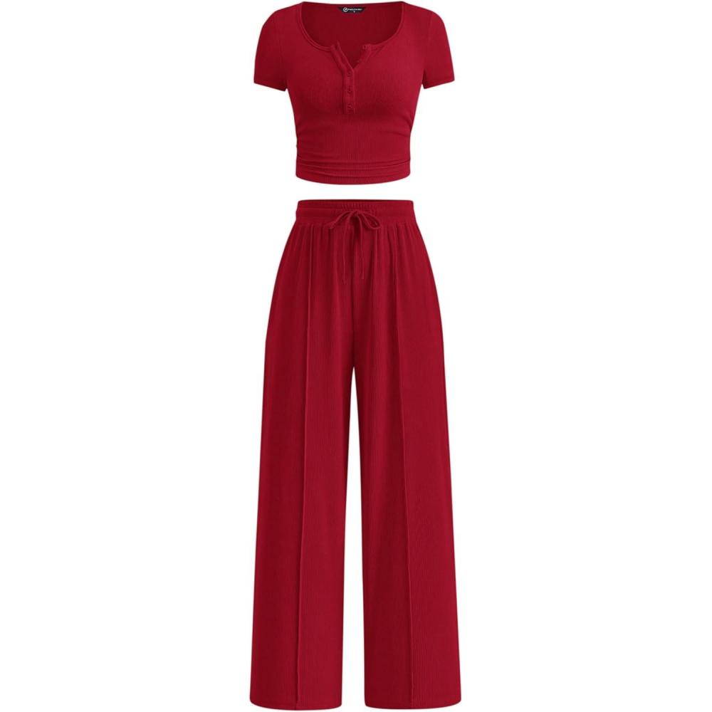 imagePRETTYGARDEN Womens 2 Piece Outfits Summer 2026 Ribbed Knit Button Short Sleeve Tops Casual Wide Leg Pants Lounge SetsRed