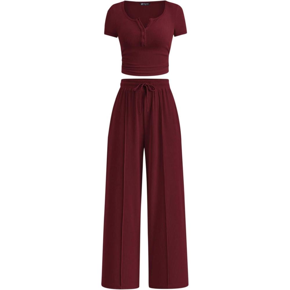 imagePRETTYGARDEN Womens 2 Piece Outfits Summer 2026 Ribbed Knit Button Short Sleeve Tops Casual Wide Leg Pants Lounge SetsWine Red