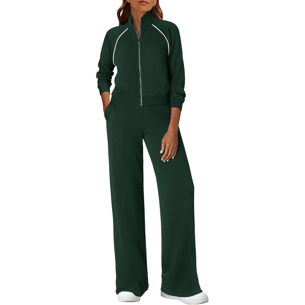 imagePRETTYGARDEN Womens 2 Piece Outfits Sweatsuits 2026 Fall Full Zip Sweatshirts Workout Pants Matching Lounge Sets TracksuitsDark Green