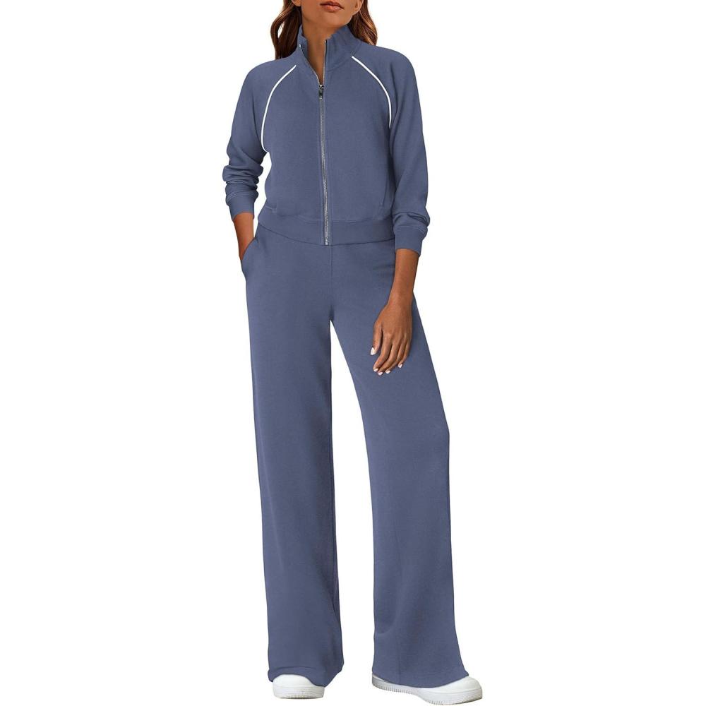 imagePRETTYGARDEN Womens 2 Piece Outfits Sweatsuits 2026 Fall Full Zip Sweatshirts Workout Pants Matching Lounge Sets TracksuitsDusty Blue