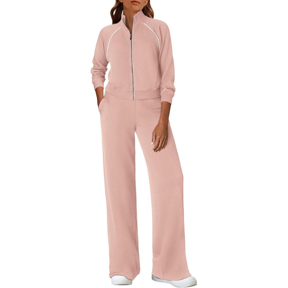 imagePRETTYGARDEN Womens 2 Piece Outfits Sweatsuits 2026 Fall Full Zip Sweatshirts Workout Pants Matching Lounge Sets TracksuitsLight Pink
