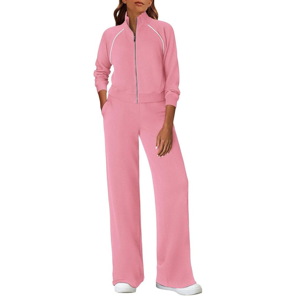 imagePRETTYGARDEN Womens 2 Piece Outfits Sweatsuits 2026 Fall Full Zip Sweatshirts Workout Pants Matching Lounge Sets TracksuitsPink