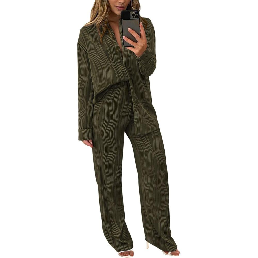 imagePRETTYGARDEN Womens 2 Piece Sets 2026 Fall Casual Textured Button Down Shirt Wide Leg Pants Outfits Loungewear TracksuitArmy Green