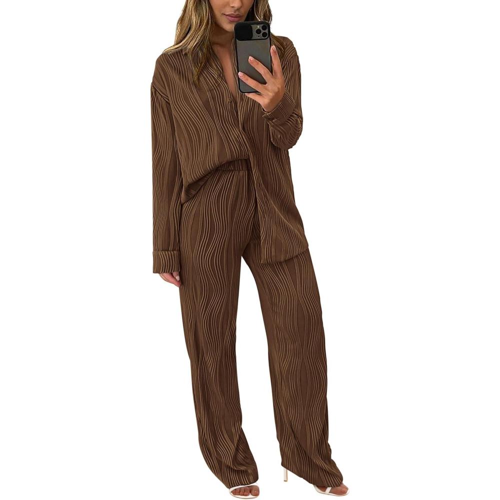 imagePRETTYGARDEN Womens 2 Piece Sets 2026 Fall Casual Textured Button Down Shirt Wide Leg Pants Outfits Loungewear TracksuitCoffee
