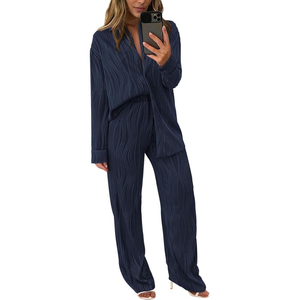 imagePRETTYGARDEN Womens 2 Piece Sets 2026 Fall Casual Textured Button Down Shirt Wide Leg Pants Outfits Loungewear TracksuitDark Blue