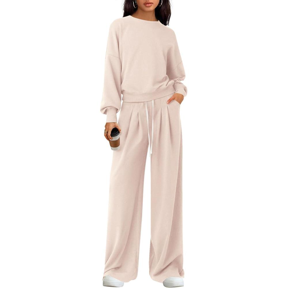 imagePRETTYGARDEN Womens 2 Piece Sets Long Sleeve Sweatshirt Wide Leg Pants Loose Matching Lounge Set Trendy Fall OutfitsBeige