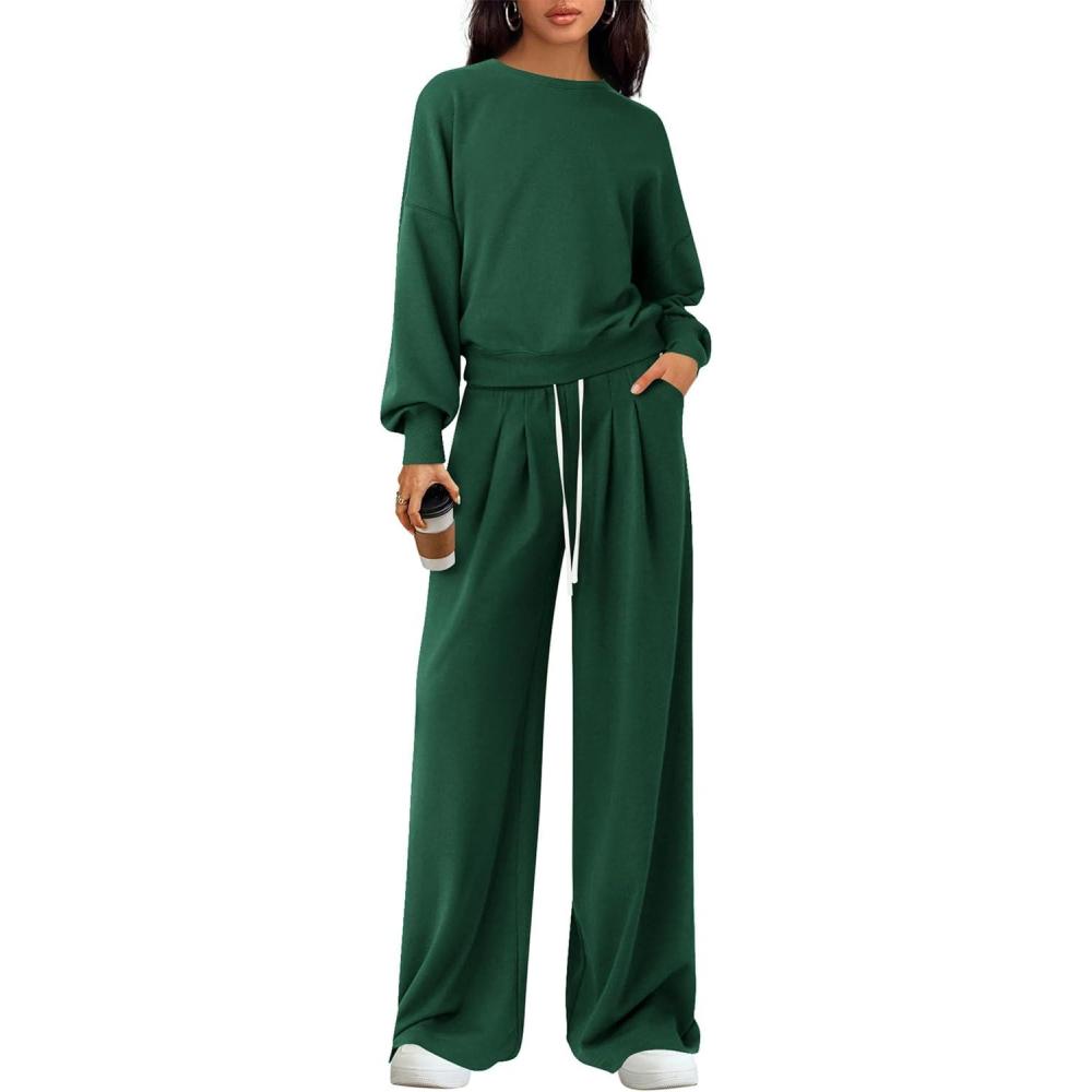 imagePRETTYGARDEN Womens 2 Piece Sets Long Sleeve Sweatshirt Wide Leg Pants Loose Matching Lounge Set Trendy Fall OutfitsDark Green