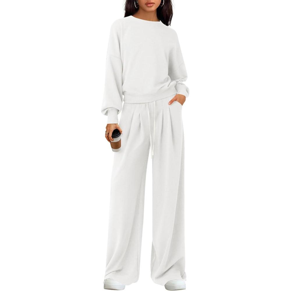 imagePRETTYGARDEN Womens 2 Piece Sets Long Sleeve Sweatshirt Wide Leg Pants Loose Matching Lounge Set Trendy Fall OutfitsWhite