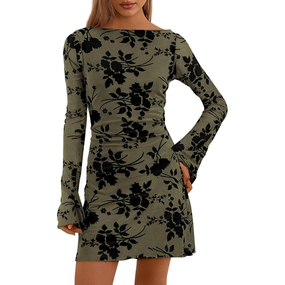 imagePRETTYGARDEN Womens 2026 Fall Fashion Floral Long Sleeve Mini Dress Mesh Bodycon Short Party Date Night Going Out DressesArmy Green