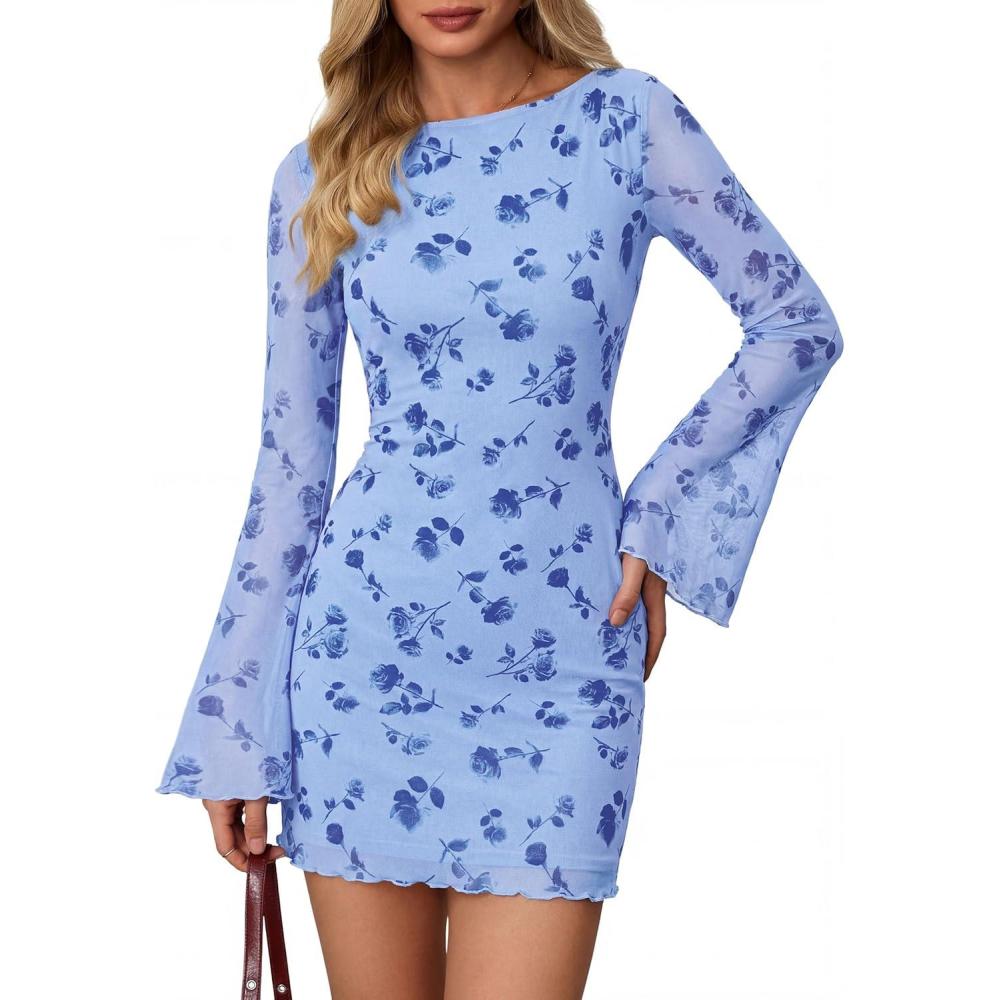 imagePRETTYGARDEN Womens 2026 Fall Fashion Floral Long Sleeve Mini Dress Mesh Bodycon Short Party Date Night Going Out DressesFloral Light Blue
