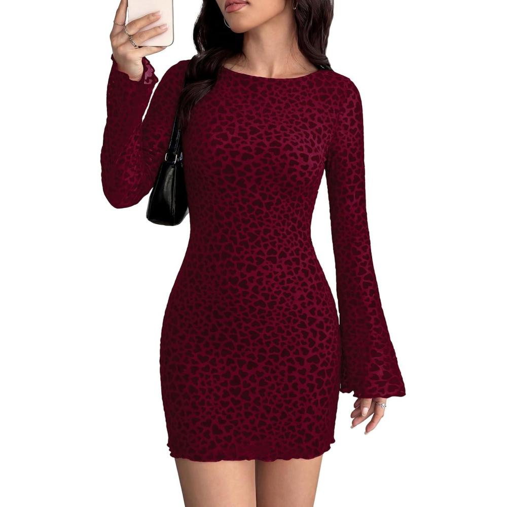 imagePRETTYGARDEN Womens 2026 Fall Fashion Floral Long Sleeve Mini Dress Mesh Bodycon Short Party Date Night Going Out DressesFloral Wine Red