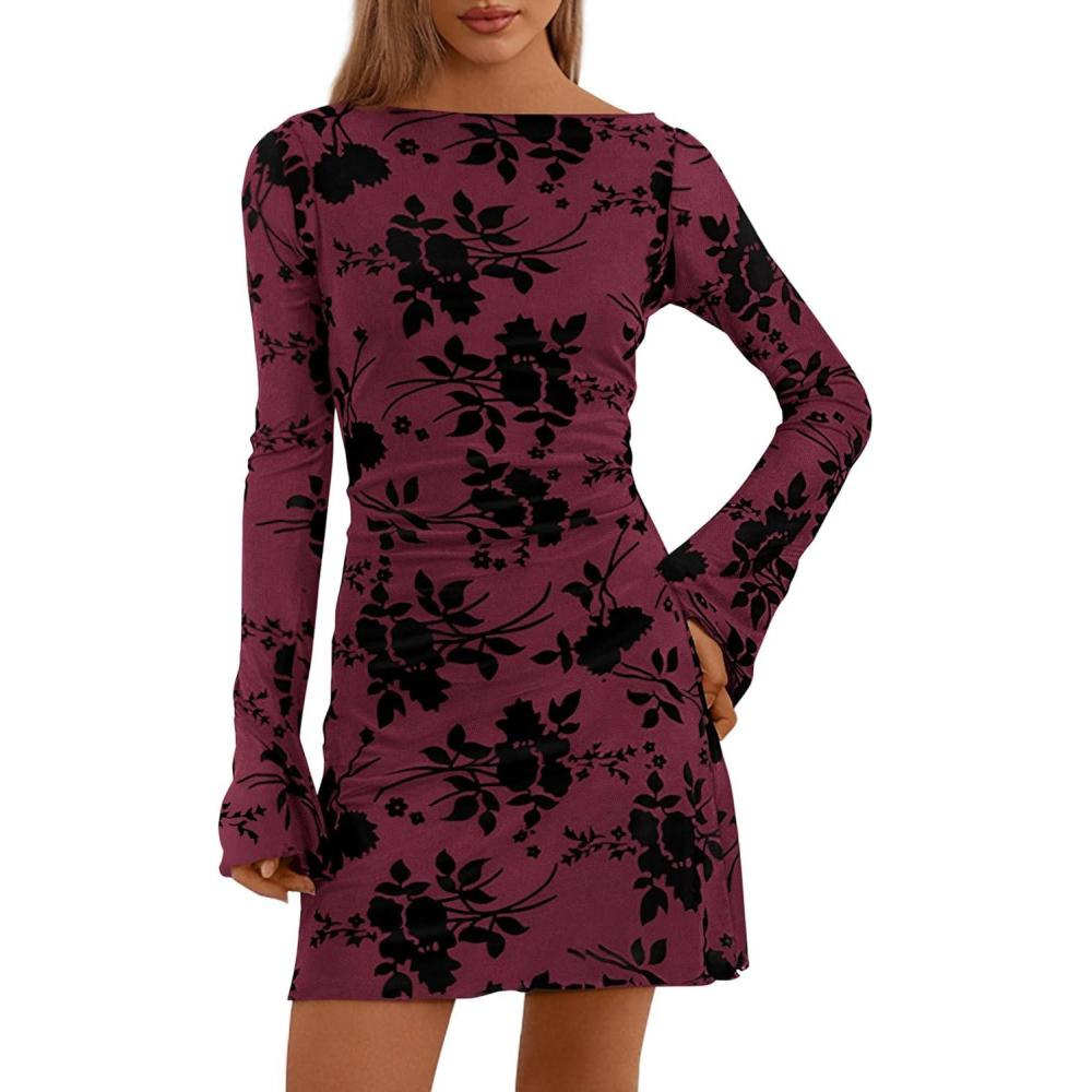 imagePRETTYGARDEN Womens 2026 Fall Fashion Floral Long Sleeve Mini Dress Mesh Bodycon Short Party Date Night Going Out DressesRed