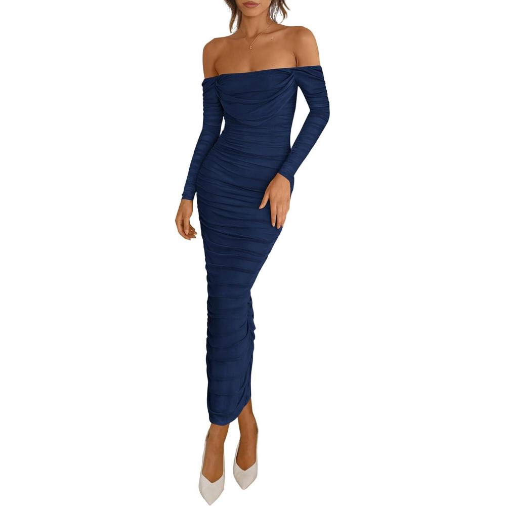 imagePRETTYGARDEN Womens 2026 Fall Long Sleeve Maxi Dress Off Shoulder Mesh Ruched Bodycon Trendy Long Wedding Guest DressesNavy Blue