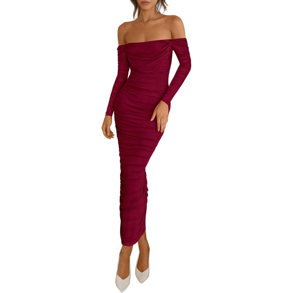 imagePRETTYGARDEN Womens 2026 Fall Long Sleeve Maxi Dress Off Shoulder Mesh Ruched Bodycon Trendy Long Wedding Guest DressesWine Red