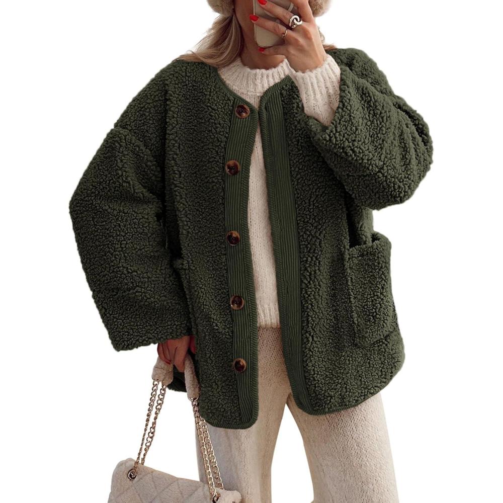 imagePRETTYGARDEN Womens 2026 Winter Coats Long Sleeve Button up Fuzzy Sherpa Fleece Jackets Outerwear Fall Fashion ClothesArmy Green