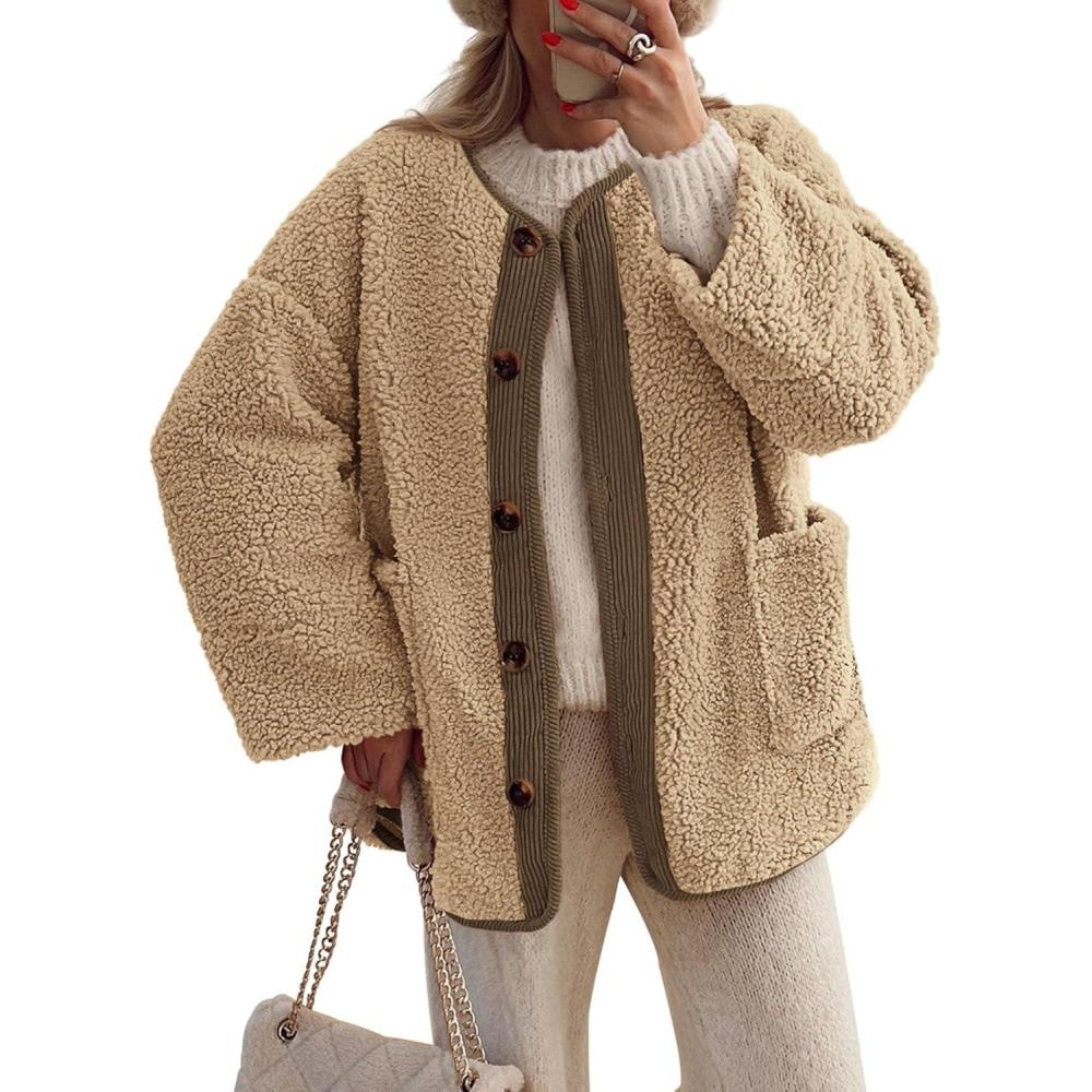 imagePRETTYGARDEN Womens 2026 Winter Coats Long Sleeve Button up Fuzzy Sherpa Fleece Jackets Outerwear Fall Fashion ClothesKhaki