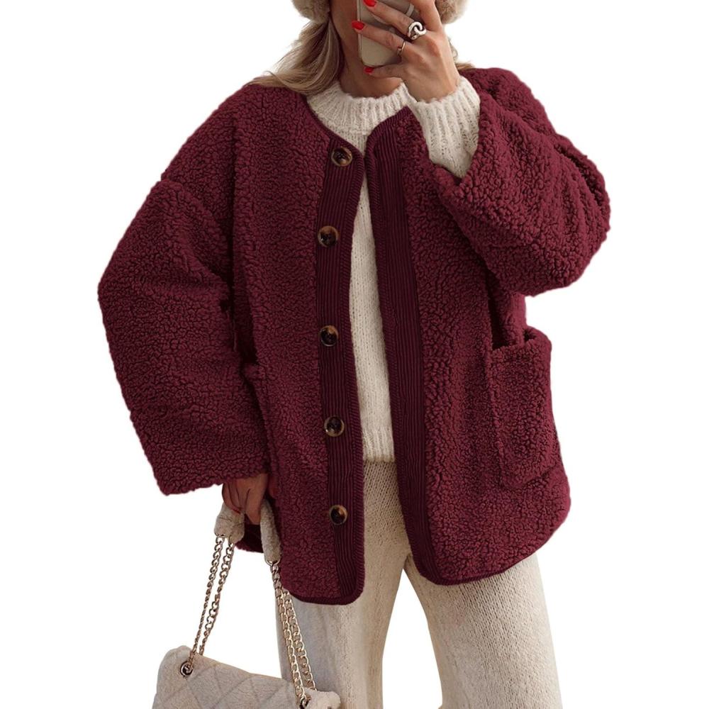 imagePRETTYGARDEN Womens 2026 Winter Coats Long Sleeve Button up Fuzzy Sherpa Fleece Jackets Outerwear Fall Fashion ClothesWine Red