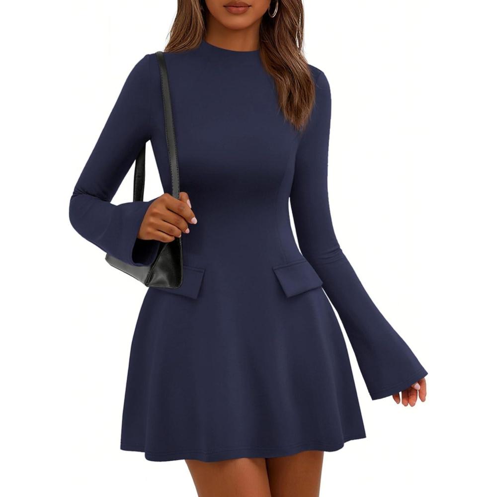 imagePRETTYGARDEN Womens Elegant Holiday Short Dress 2026 Fall Bell Long Sleeve Mock Neck Work Business Casual Party Mini DressDark Blue