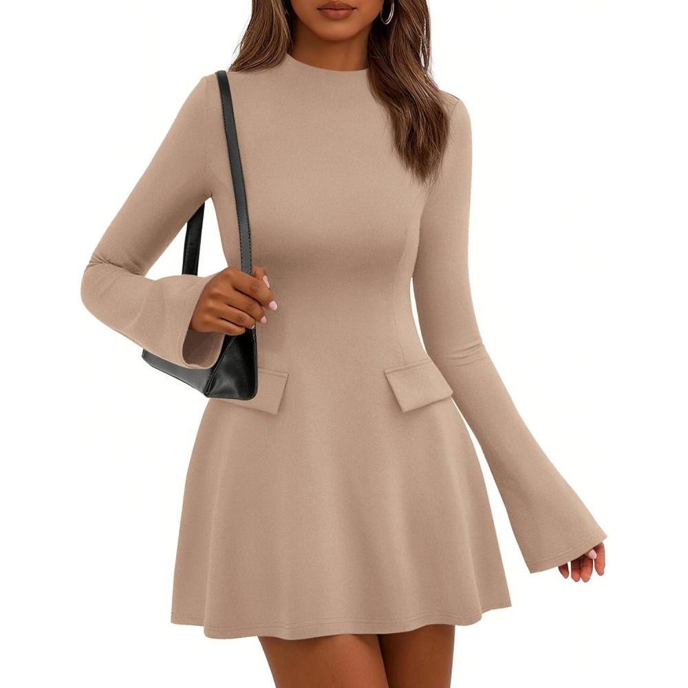 imagePRETTYGARDEN Womens Elegant Holiday Short Dress 2026 Fall Bell Long Sleeve Mock Neck Work Business Casual Party Mini DressKhaki