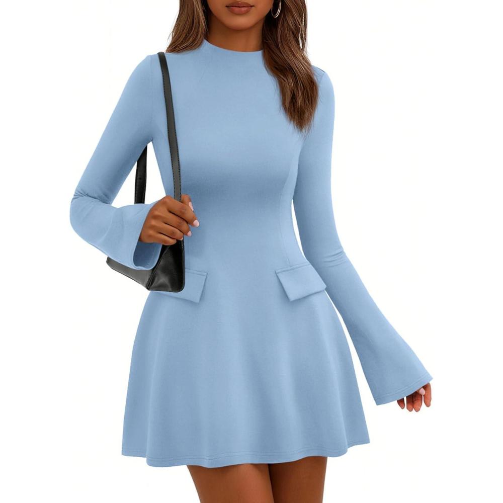 imagePRETTYGARDEN Womens Elegant Holiday Short Dress 2026 Fall Bell Long Sleeve Mock Neck Work Business Casual Party Mini DressLight Blue