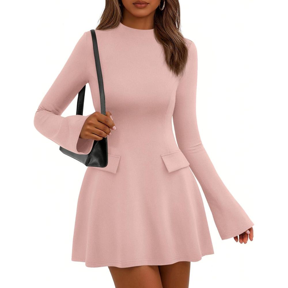 imagePRETTYGARDEN Womens Elegant Holiday Short Dress 2026 Fall Bell Long Sleeve Mock Neck Work Business Casual Party Mini DressLight Pink