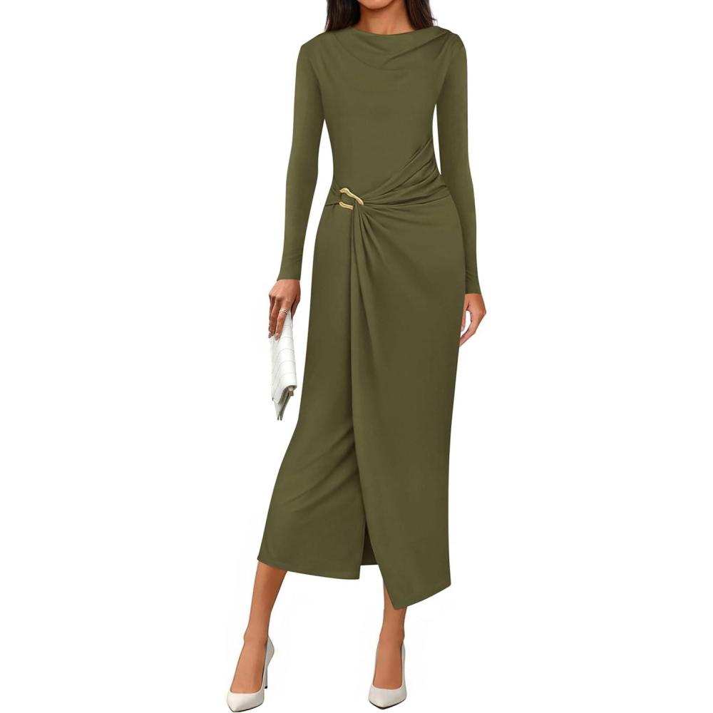 imagePRETTYGARDEN Womens Fall Wedding Guest Cocktail Midi Dresses Elegant Long Sleeve Bodycon Ruched Dress 2026 Fashion ClothingArmy Green