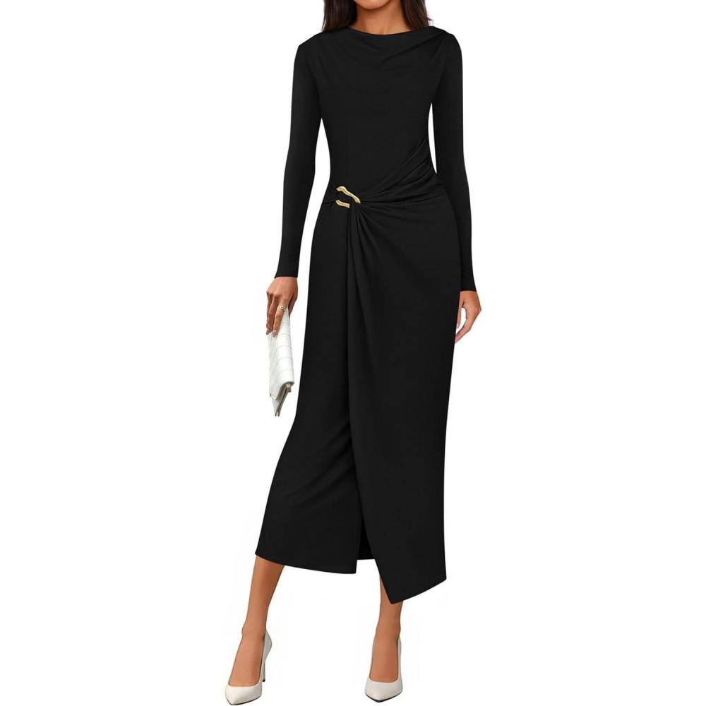 imagePRETTYGARDEN Womens Fall Wedding Guest Cocktail Midi Dresses Elegant Long Sleeve Bodycon Ruched Dress 2026 Fashion ClothingBlack