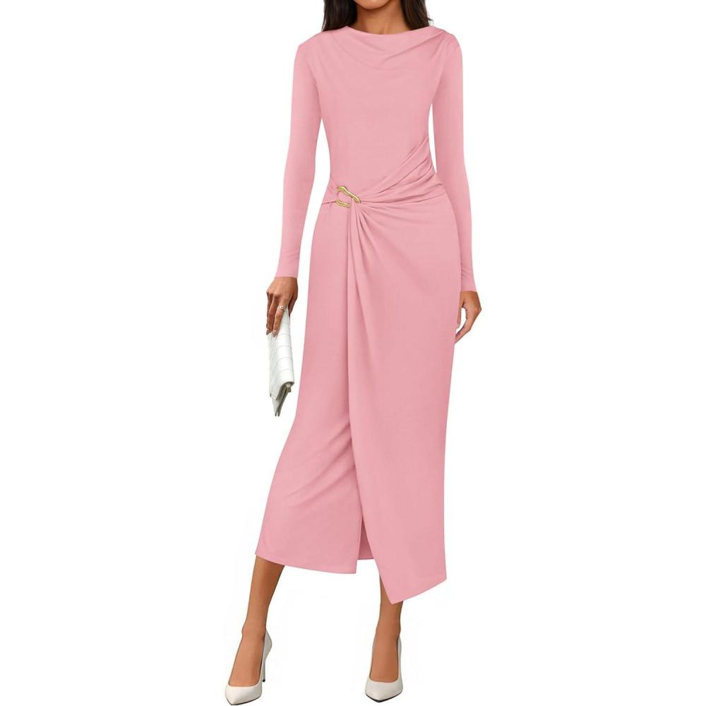 imagePRETTYGARDEN Womens Fall Wedding Guest Cocktail Midi Dresses Elegant Long Sleeve Bodycon Ruched Dress 2026 Fashion ClothingPink