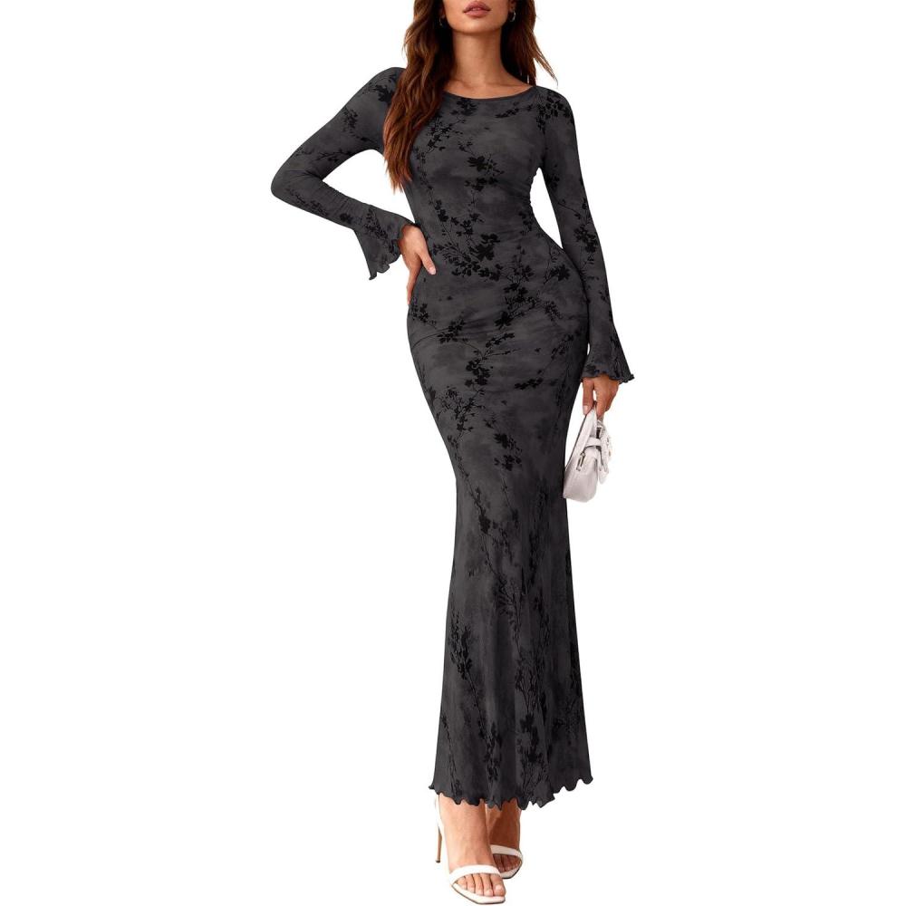 imagePRETTYGARDEN Womens Floral Bodycon Maxi Dress 2026 Spring Elegant Mesh Long Sleeve Formal Wedding Guest Cocktail DressesStyle2black