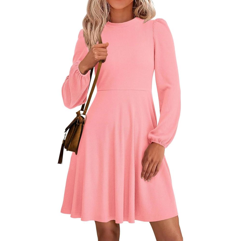 imagePRETTYGARDEN Womens Long Sleeve Mini Dress 2026 Fall Trendy Crewneck Ribbed Knit Soft A Line Flowy Summer Formal DressesPink