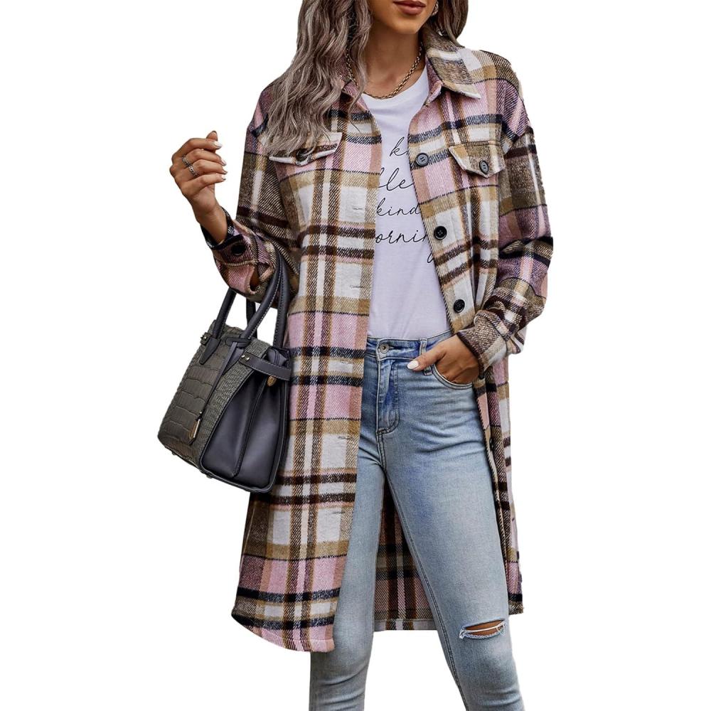 imagePRETTYGARDEN Womens Plaid Shacket Jacket Fall Fashion 2026 Long Sleeve Button Up Flannel Shirt Winter Clothing Woolen CoatsPink