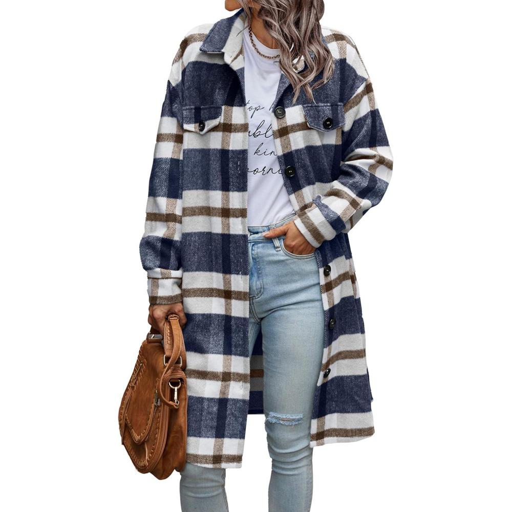 imagePRETTYGARDEN Womens Plaid Shacket Jacket Fall Fashion 2026 Long Sleeve Button Up Flannel Shirt Winter Clothing Woolen CoatsPlaid Navy