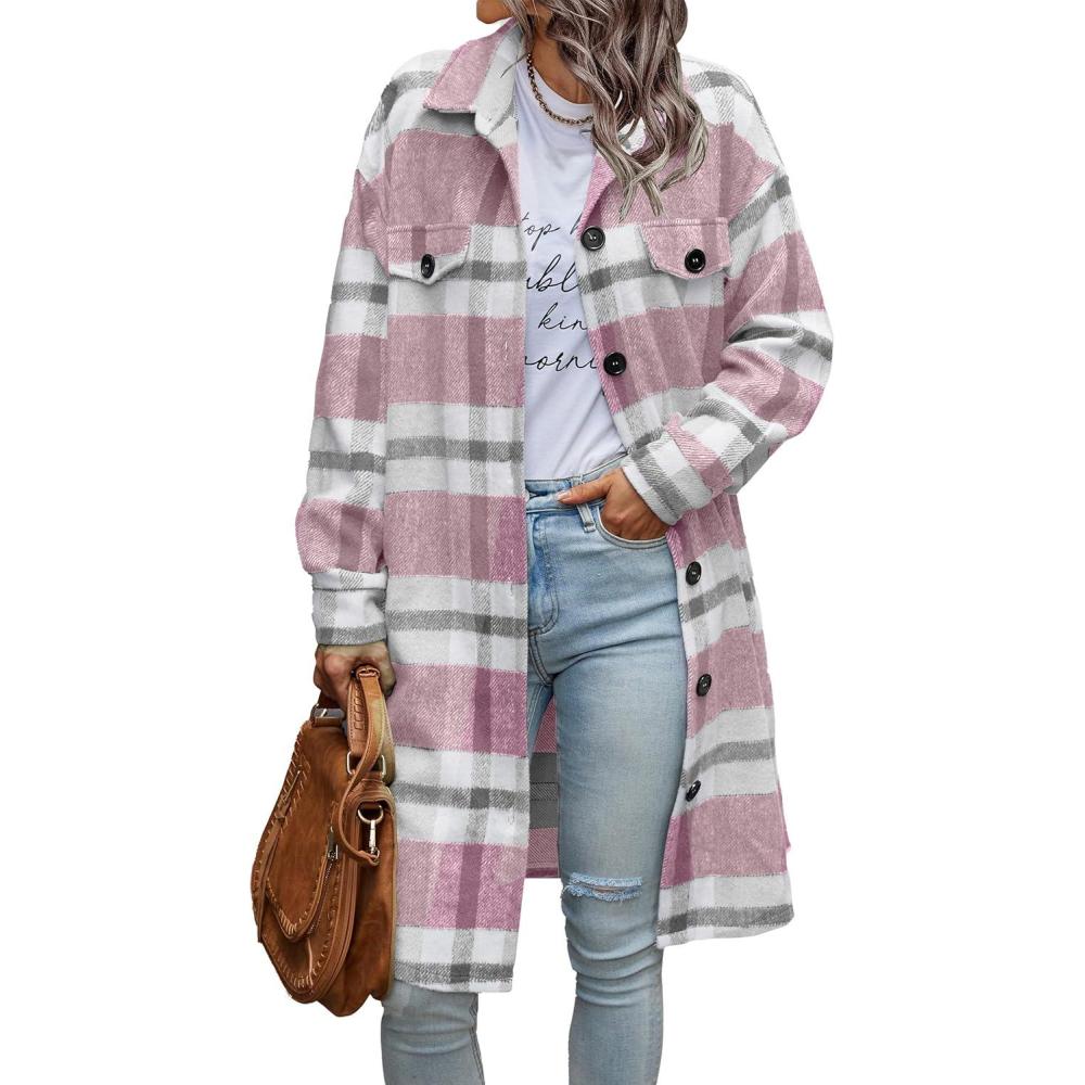 imagePRETTYGARDEN Womens Plaid Shacket Jacket Fall Fashion 2026 Long Sleeve Button Up Flannel Shirt Winter Clothing Woolen CoatsPlaid Pink