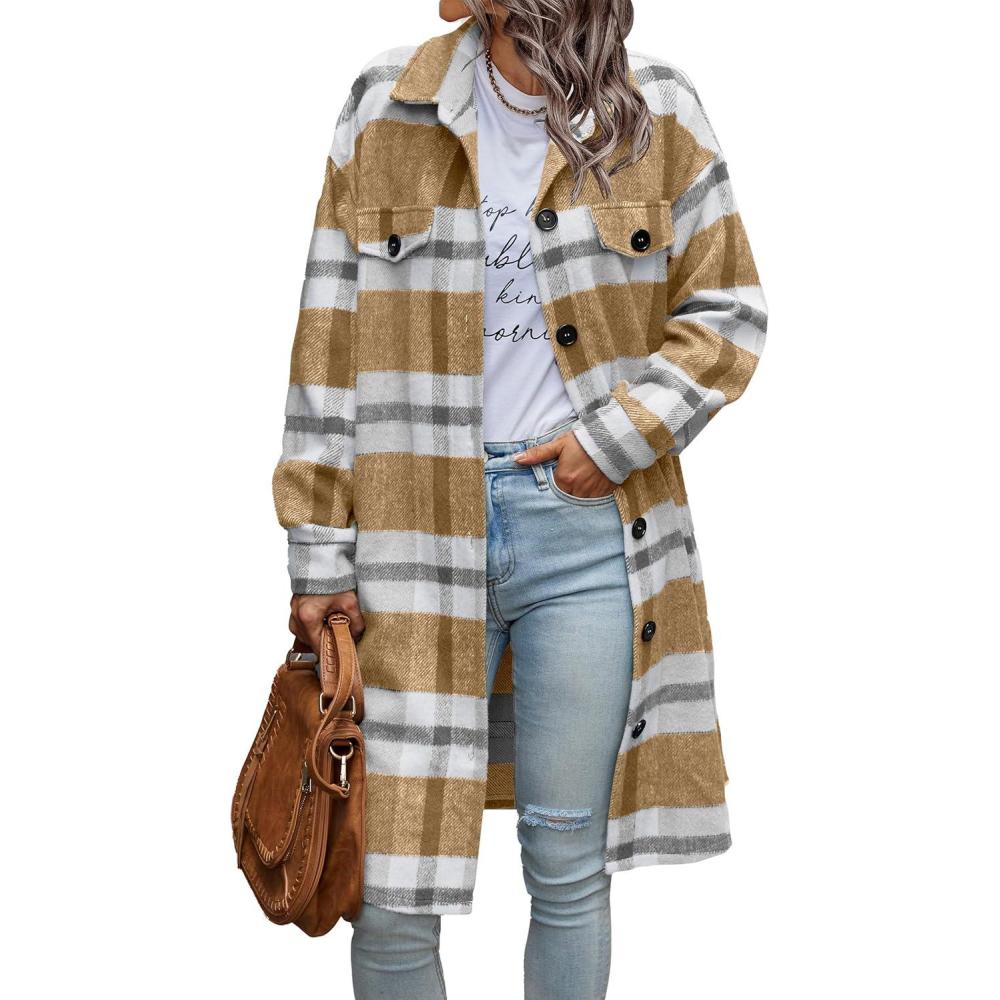 imagePRETTYGARDEN Womens Plaid Shacket Jacket Fall Fashion 2026 Long Sleeve Button Up Flannel Shirt Winter Clothing Woolen CoatsPlaid Yellow