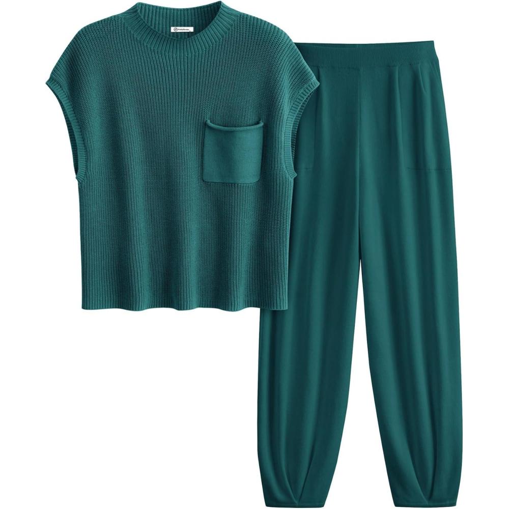 imagePRETTYGARDEN Womens Summer 2 Piece Outfits 2026 Sweater Sets Knit Pullover Tops High Waisted Pants Spring Matching Lounge SetBlue Green