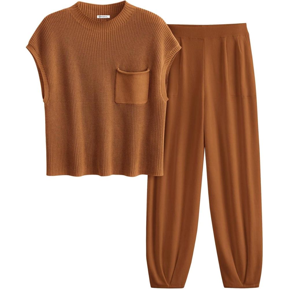 imagePRETTYGARDEN Womens Summer 2 Piece Outfits 2026 Sweater Sets Knit Pullover Tops High Waisted Pants Spring Matching Lounge SetBrown