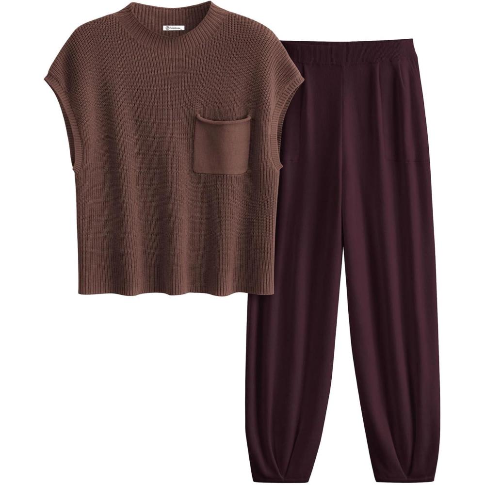 imagePRETTYGARDEN Womens Summer 2 Piece Outfits 2026 Sweater Sets Knit Pullover Tops High Waisted Pants Spring Matching Lounge SetCoffee