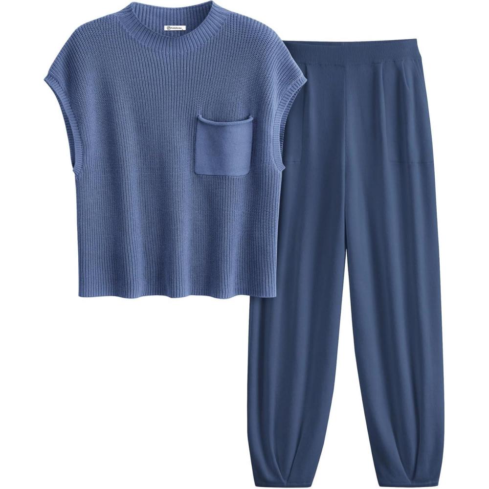 imagePRETTYGARDEN Womens Summer 2 Piece Outfits 2026 Sweater Sets Knit Pullover Tops High Waisted Pants Spring Matching Lounge SetDark Blue