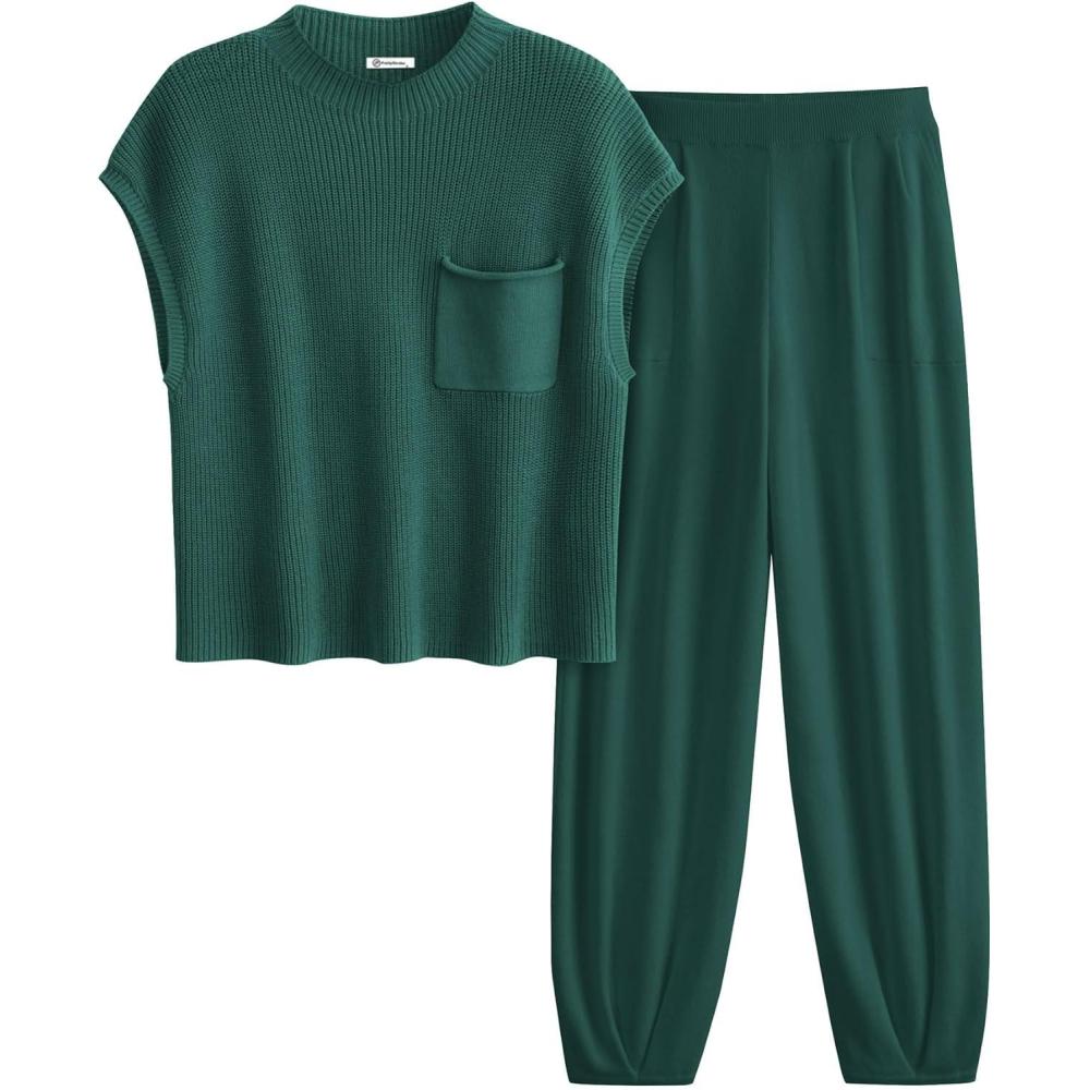 imagePRETTYGARDEN Womens Summer 2 Piece Outfits 2026 Sweater Sets Knit Pullover Tops High Waisted Pants Spring Matching Lounge SetDark Green