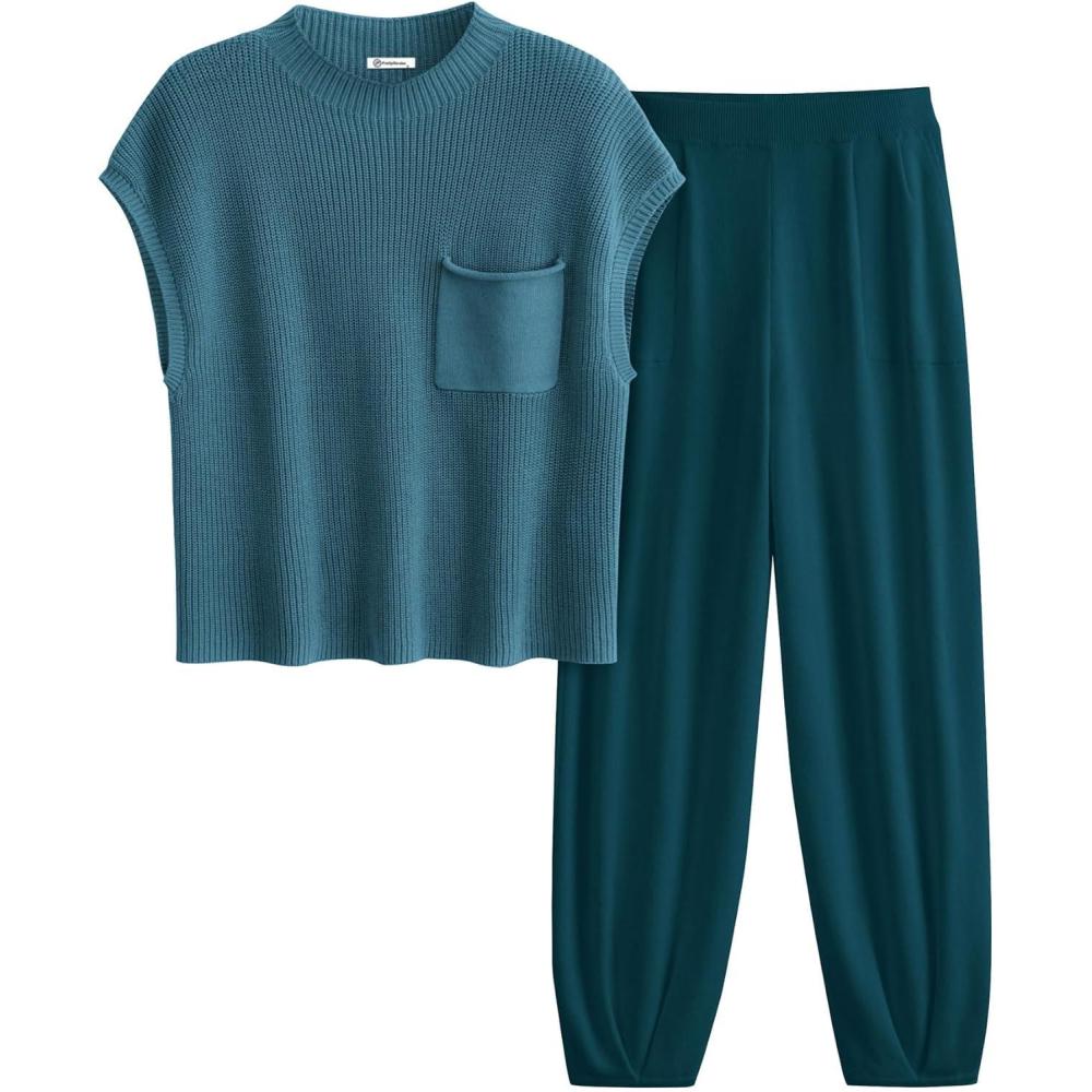 imagePRETTYGARDEN Womens Summer 2 Piece Outfits 2026 Sweater Sets Knit Pullover Tops High Waisted Pants Spring Matching Lounge SetGrey Blue