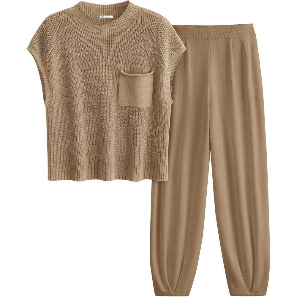 imagePRETTYGARDEN Womens Summer 2 Piece Outfits 2026 Sweater Sets Knit Pullover Tops High Waisted Pants Spring Matching Lounge SetKhaki