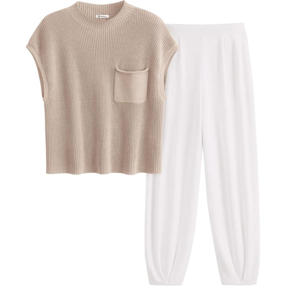 imagePRETTYGARDEN Womens Summer 2 Piece Outfits 2026 Sweater Sets Knit Pullover Tops High Waisted Pants Spring Matching Lounge SetKhaki Beige White
