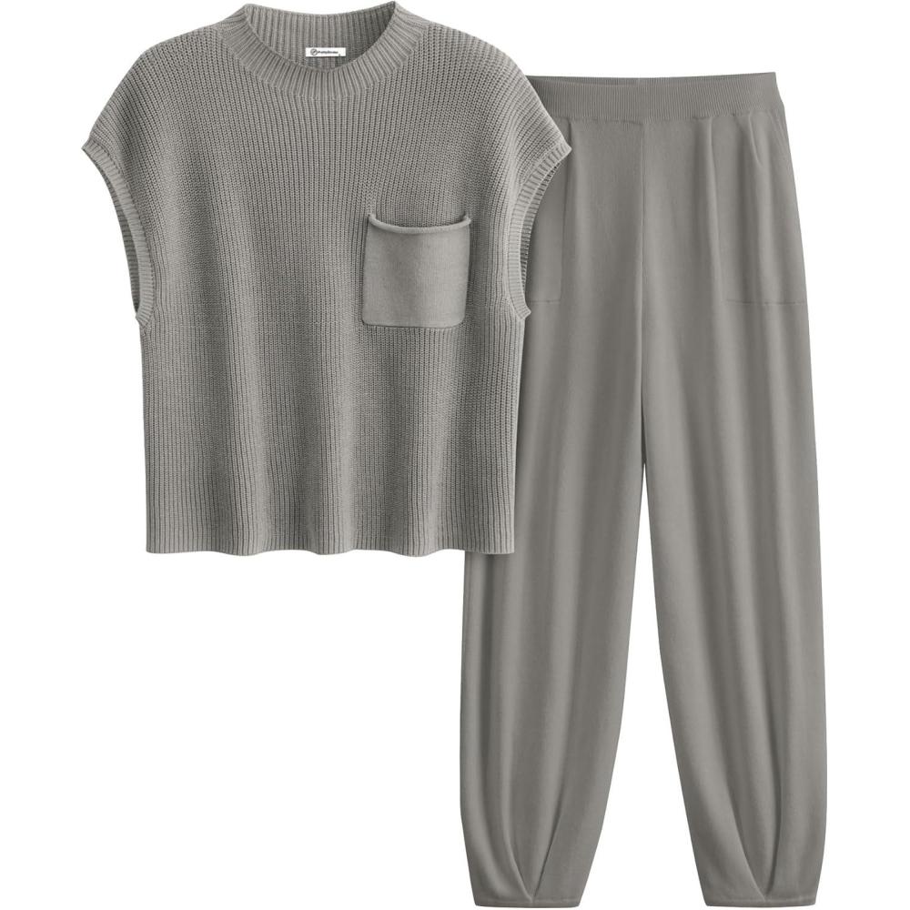 imagePRETTYGARDEN Womens Summer 2 Piece Outfits 2026 Sweater Sets Knit Pullover Tops High Waisted Pants Spring Matching Lounge SetLight Grey