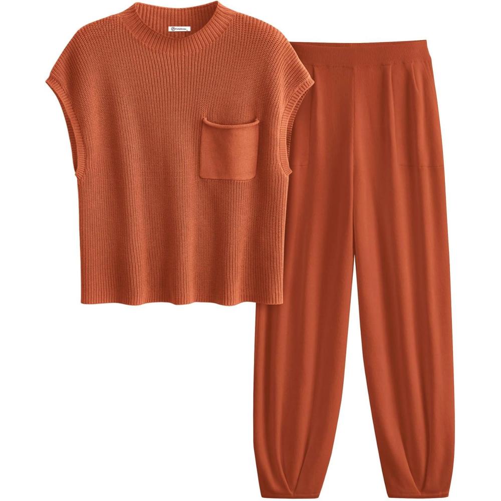 imagePRETTYGARDEN Womens Summer 2 Piece Outfits 2026 Sweater Sets Knit Pullover Tops High Waisted Pants Spring Matching Lounge SetRust Red