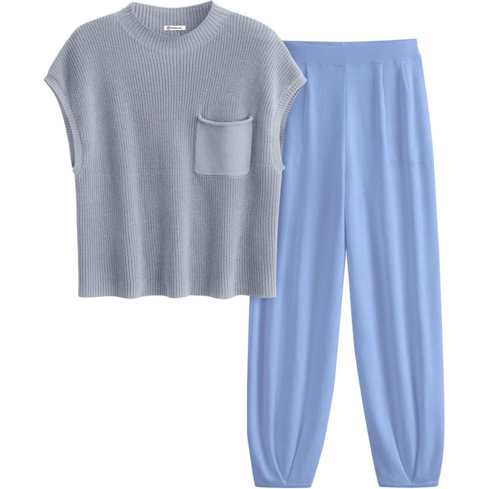 imagePRETTYGARDEN Womens Summer 2 Piece Outfits 2026 Sweater Sets Knit Pullover Tops High Waisted Pants Spring Matching Lounge SetSky Blue
