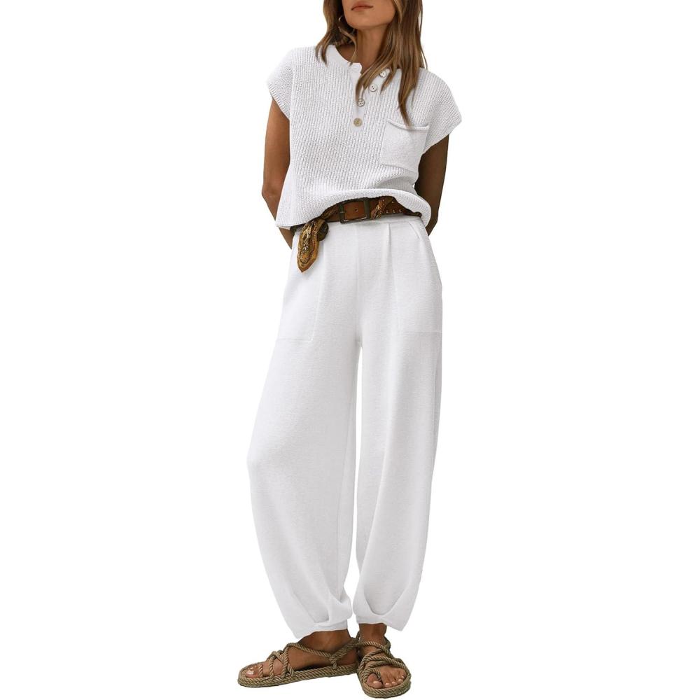 imagePRETTYGARDEN Womens Summer 2 Piece Outfits 2026 Sweater Sets Knit Pullover Tops High Waisted Pants Spring Matching Lounge SetWhite