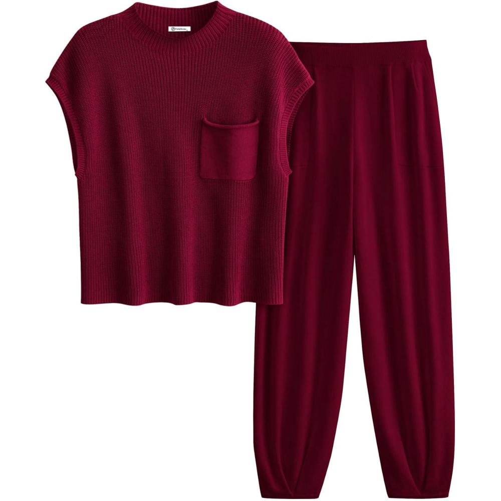 imagePRETTYGARDEN Womens Summer 2 Piece Outfits 2026 Sweater Sets Knit Pullover Tops High Waisted Pants Spring Matching Lounge SetWine Red