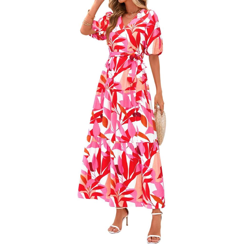 imagePRETTYGARDEN Womens Summer Maxi Dress 2026 Resort Wear Boho Floral V Neck Puff Short Sleeve Ruffle Flowy Beach Long DressesFloral White Rose Red